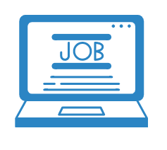 blue graphic image of a computer with the word job on the screen to represent GradLeaders job board capabilities